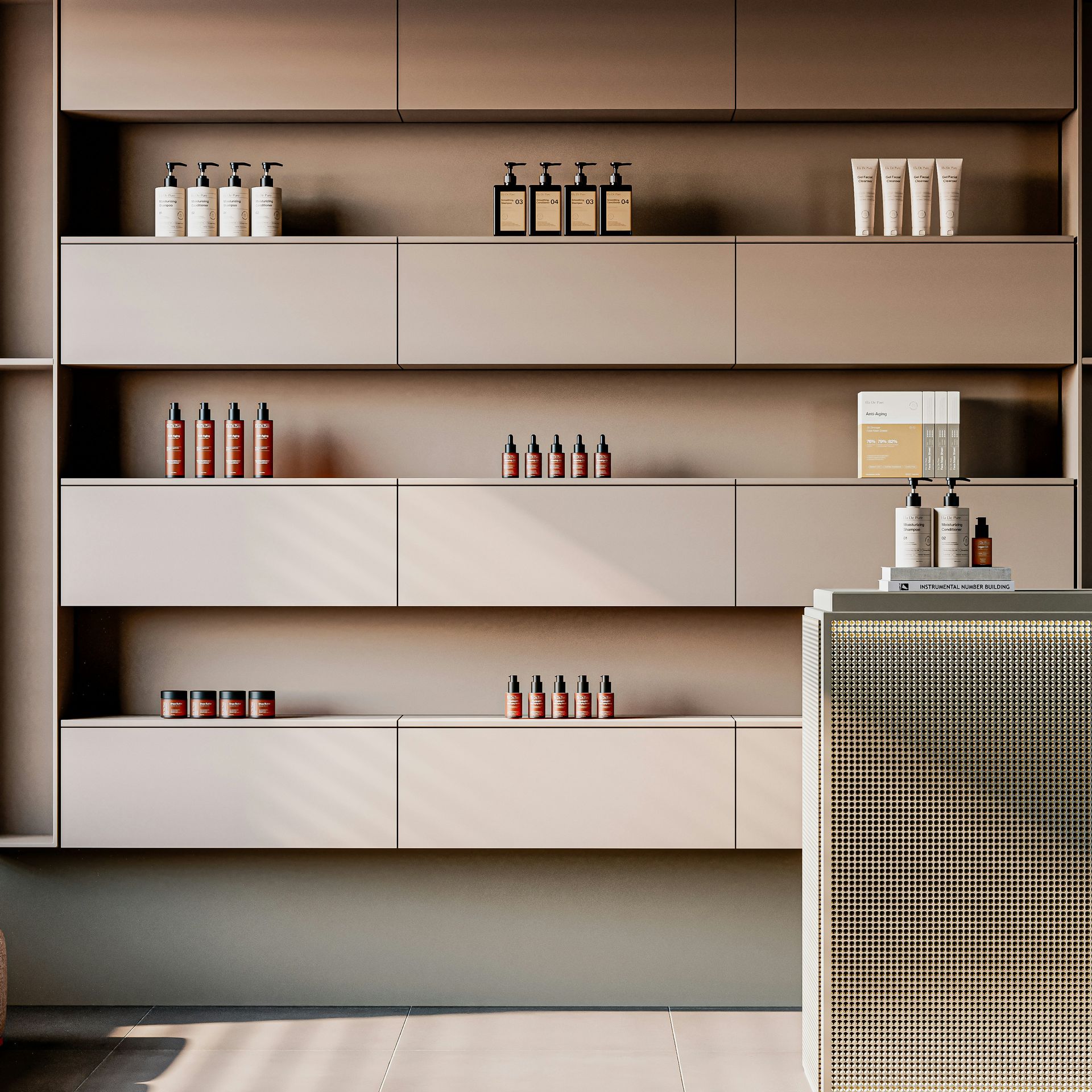 Shelves with skincare products and bottles in a salon.